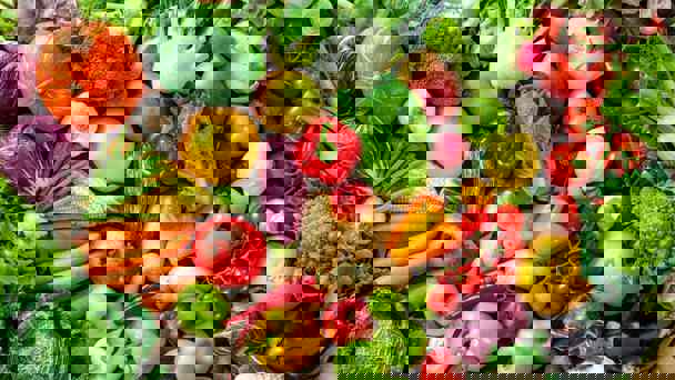Range of colourful fresh fruit and vegetables