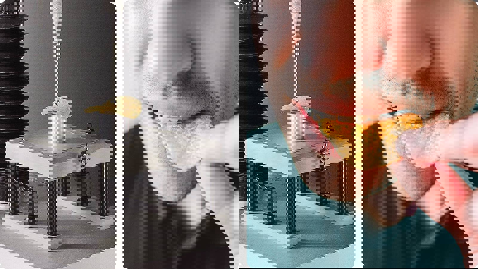 Image pairing of Crisp Fracture Support Rig and man biting into a crisp
