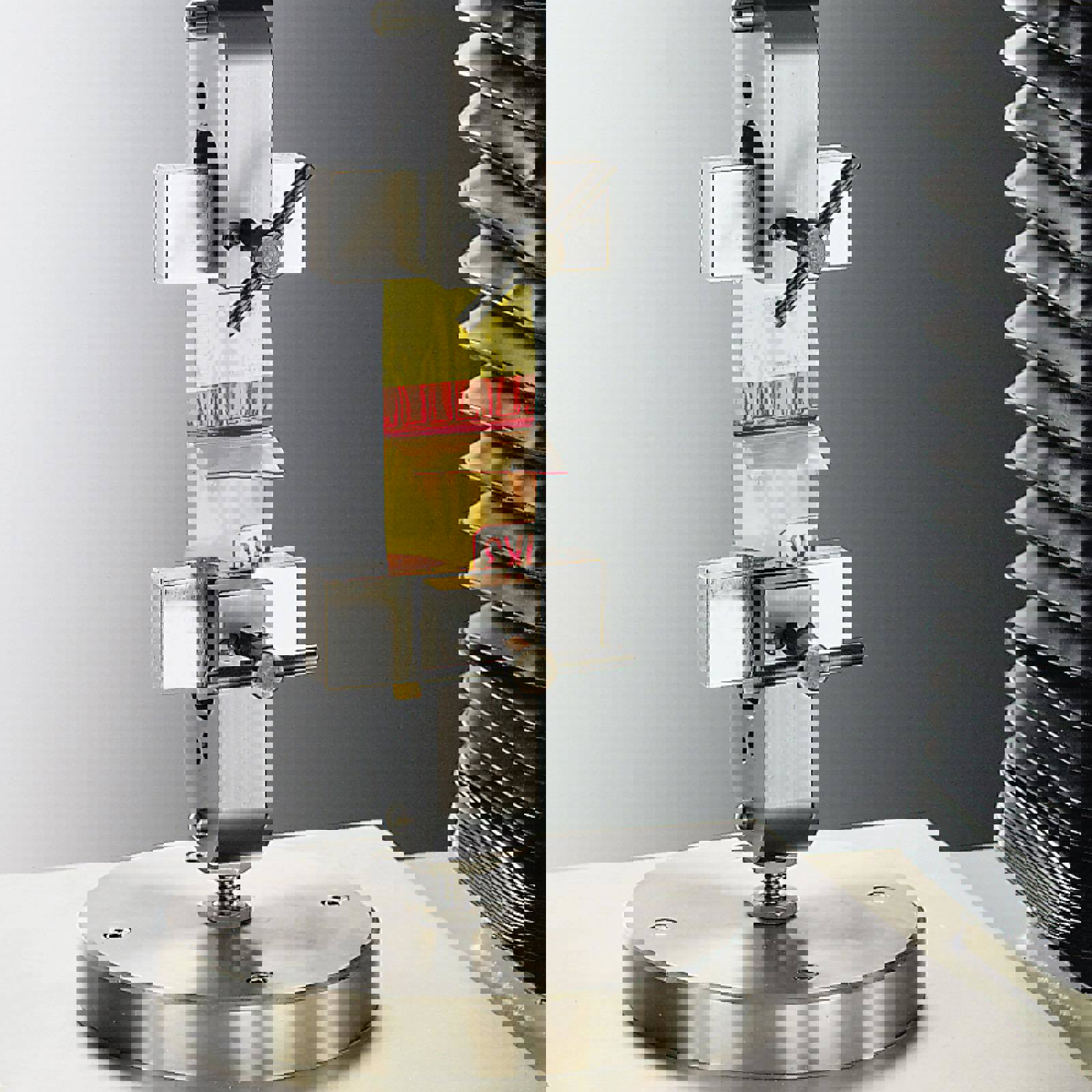 Heavy Duty Tensile Grips attached to Texture Analyser testing packaging seal