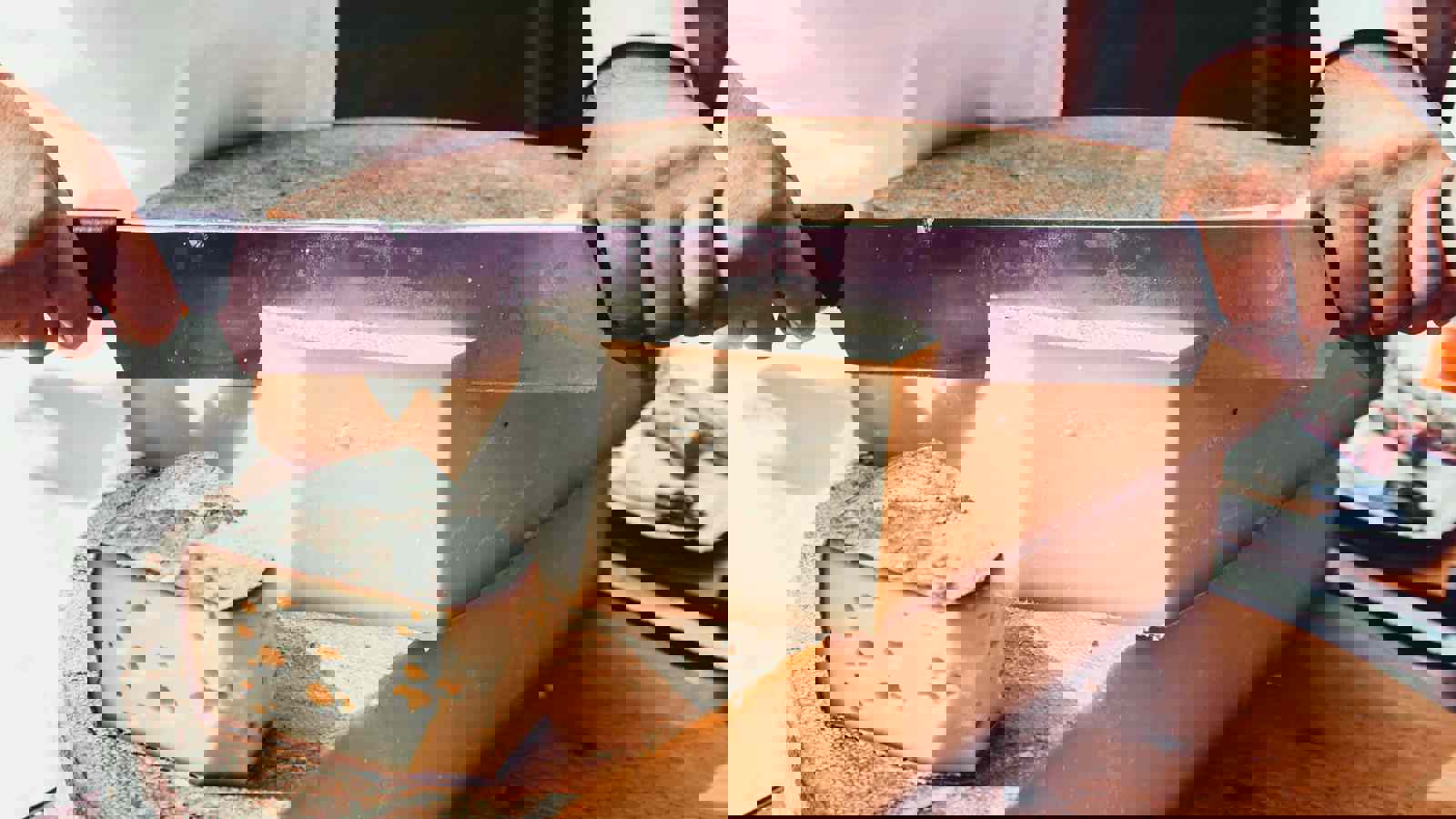 Cheesemaker cutting through large round of cheese