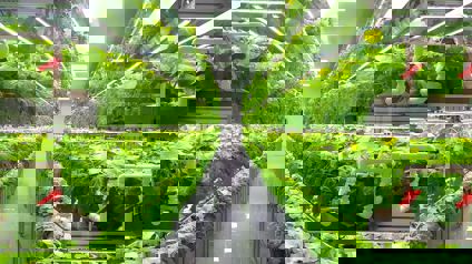 Looking Down The Aisle Of A Vertical Farming Facility