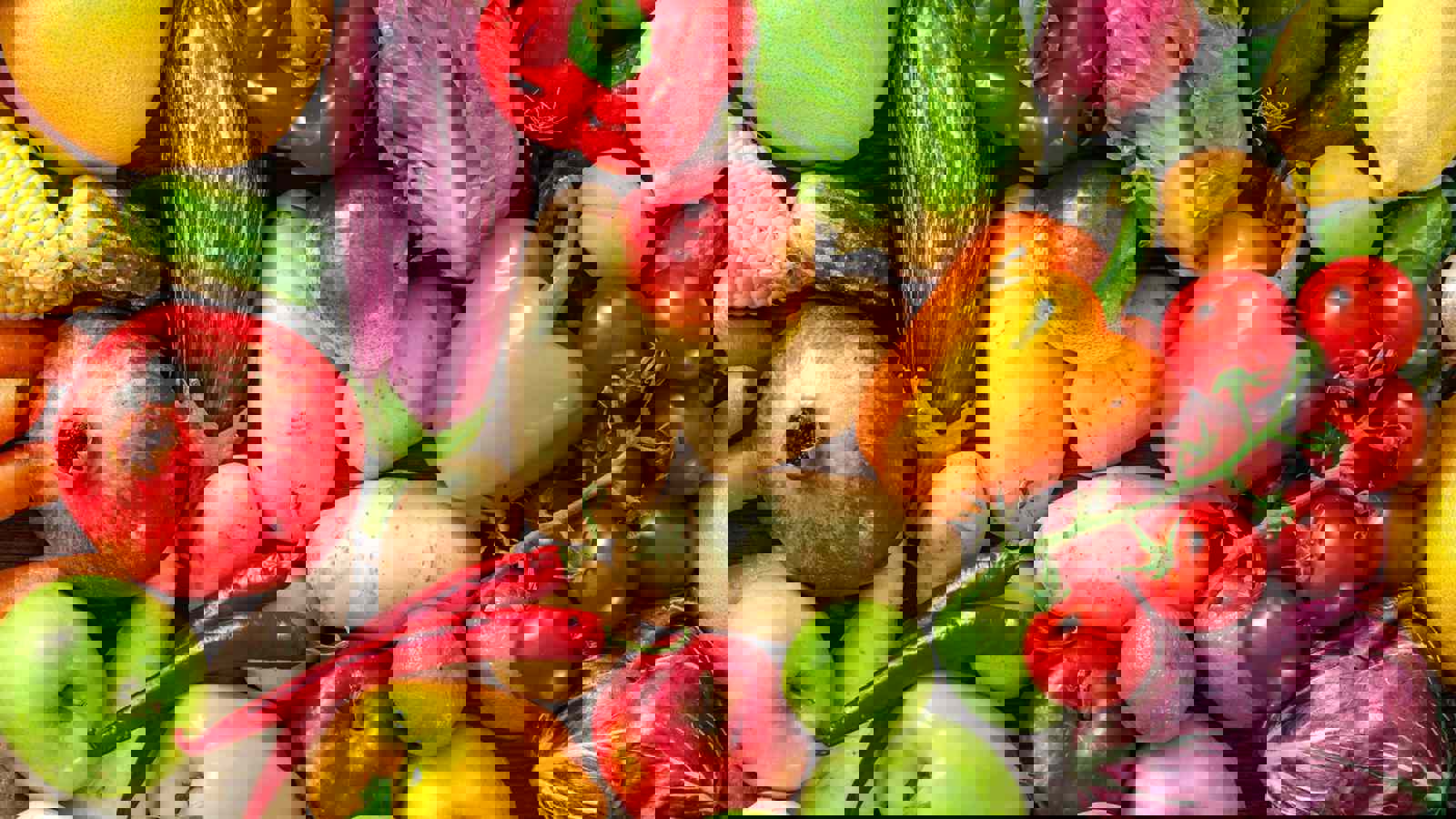 A range of colourful fruit and vegetables