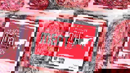 Raw Lab Grown Beef In Vacuum Packed Plastic Packaging