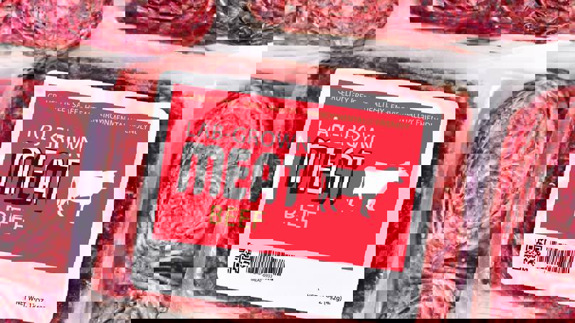 Raw Lab Grown Beef In Vacuum Packed Plastic Packaging