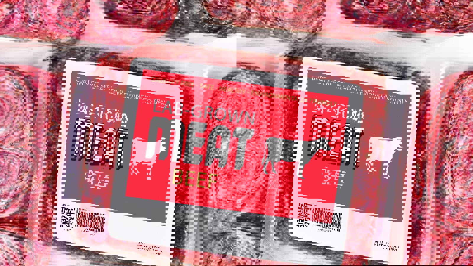 Raw lab grown beef in vacuum packed plastic packaging