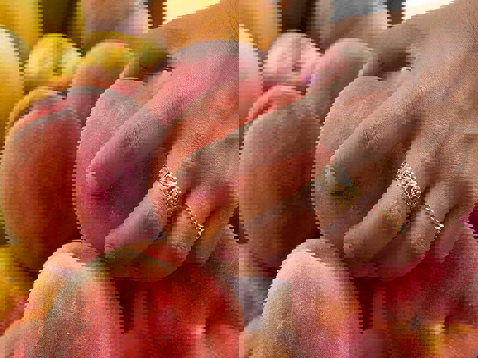 Person gently squeezing a peach to test ripeness