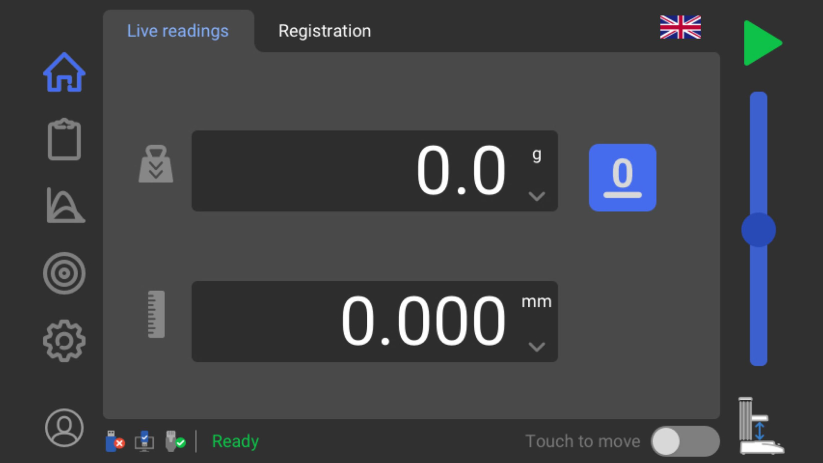 Screenshot of Control Panel Live Readings screen