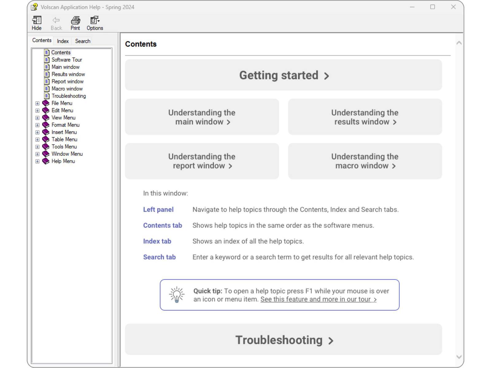 Volscan Help Getting Started Screenshot