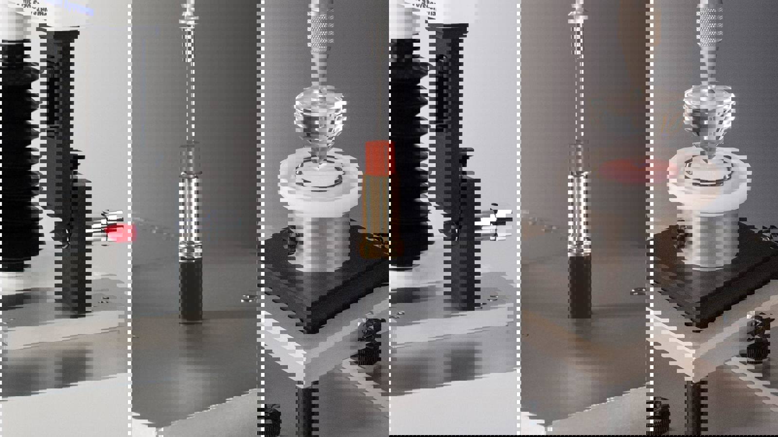 Texture Analyser featuring Lipstick Cantilever Rig, 2mm Cylinder Probe and Spreadability Rig