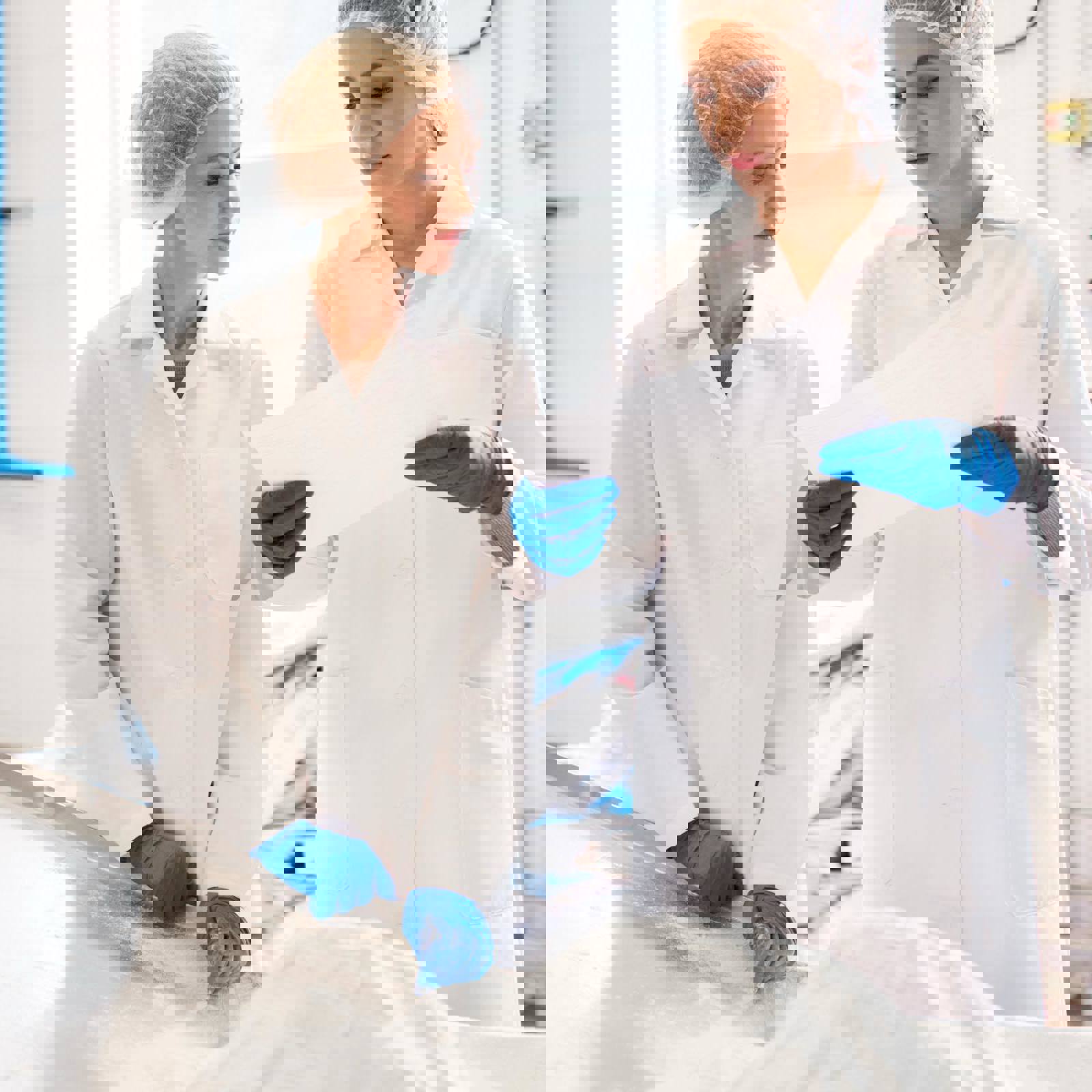 Workers checking documentation in a factory