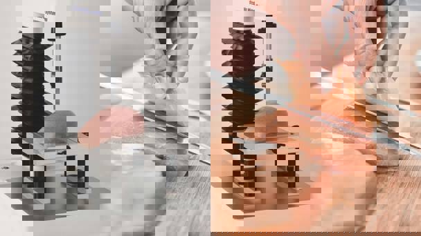 Image Pairing A MORS Meullenet Owens Razor Shear Blade And Slicing Raw Chicken Breast