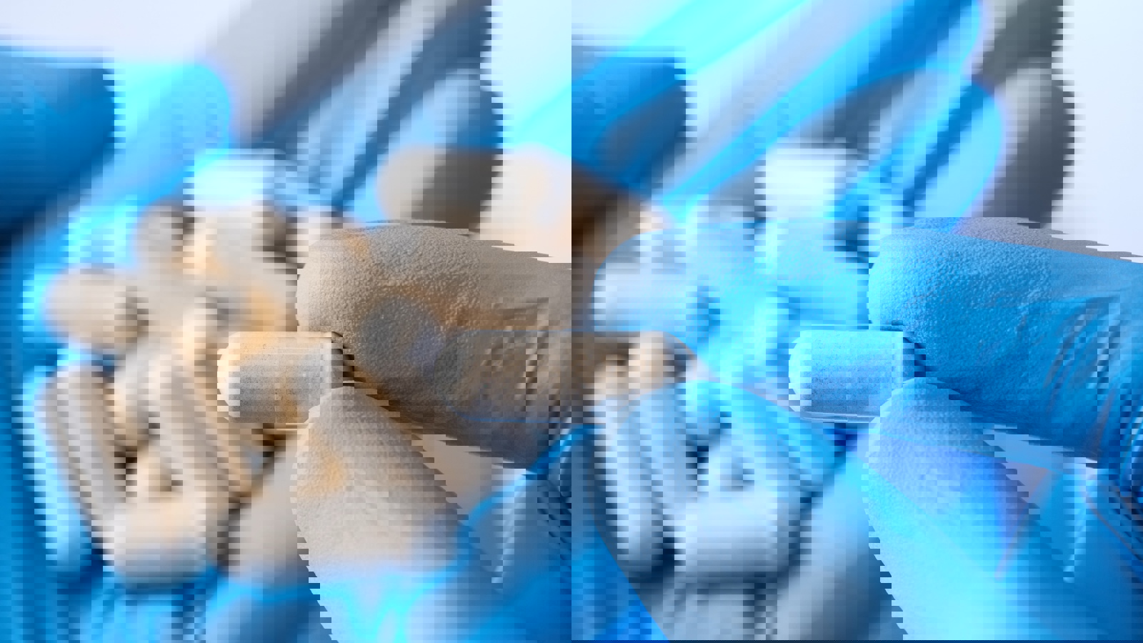 Person Wearing Blue Gloves Holding A Capsule