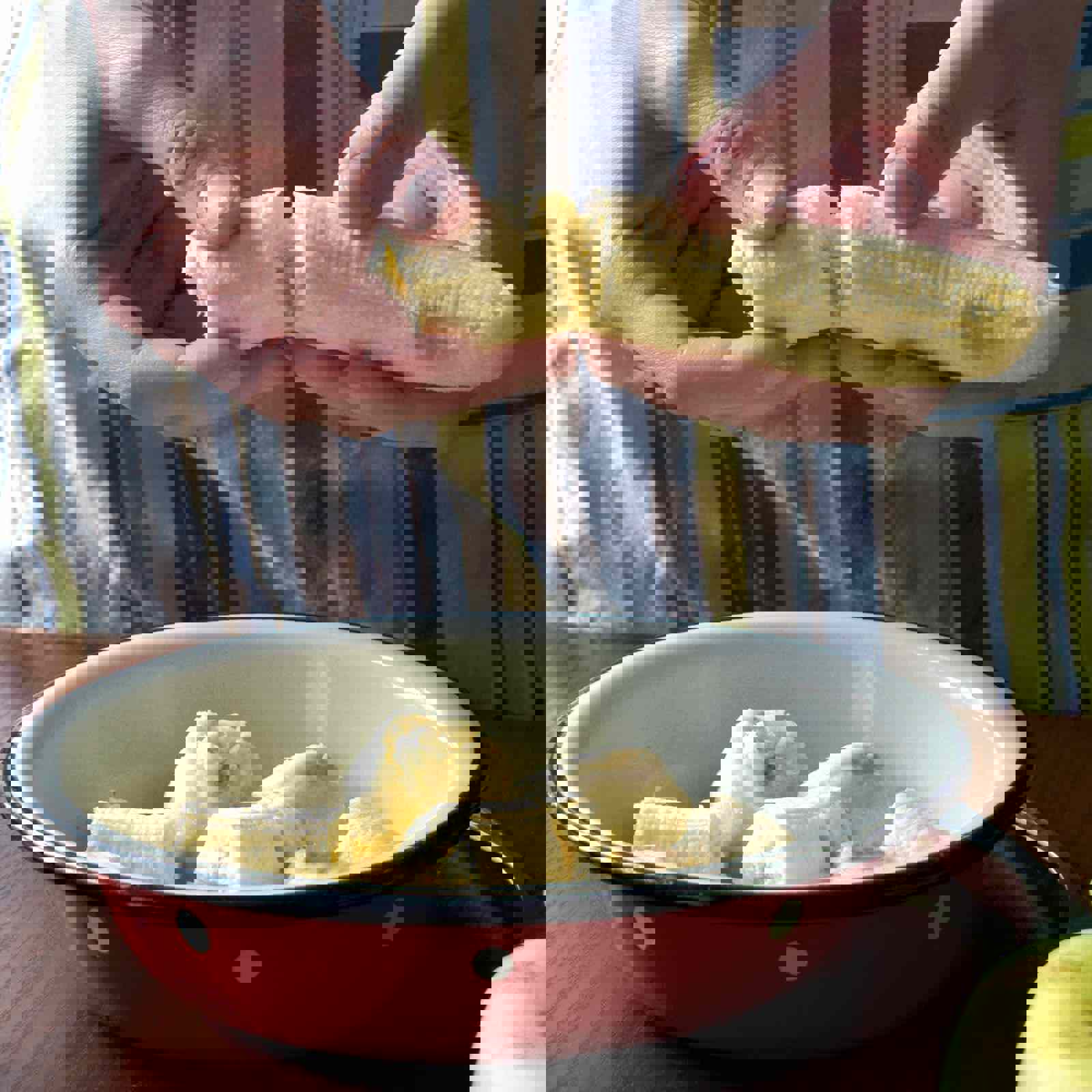 Person breaking a banana into a bowl