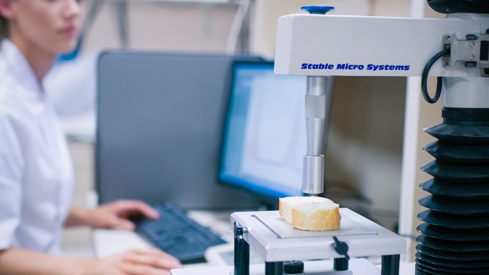Texture Analyser user testing a piece of bread